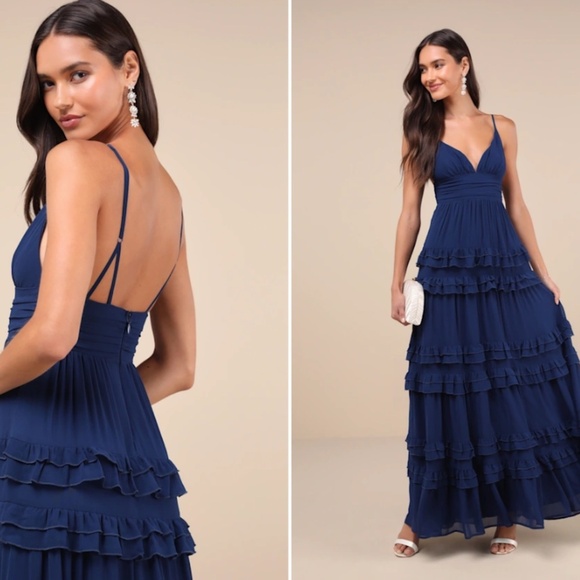 LULU's Sexy FLowy Elegant Prom Wedding Boho Romantic Tiered Ruffles Maxi Dress - Picture 3 of 4